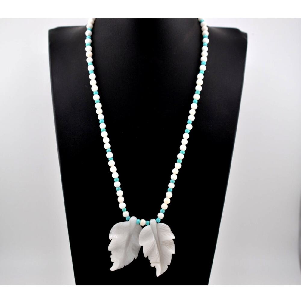 Navajo Mary W Roanhorse Handmade Necklace, Hand Carved White Onyx Leaves
